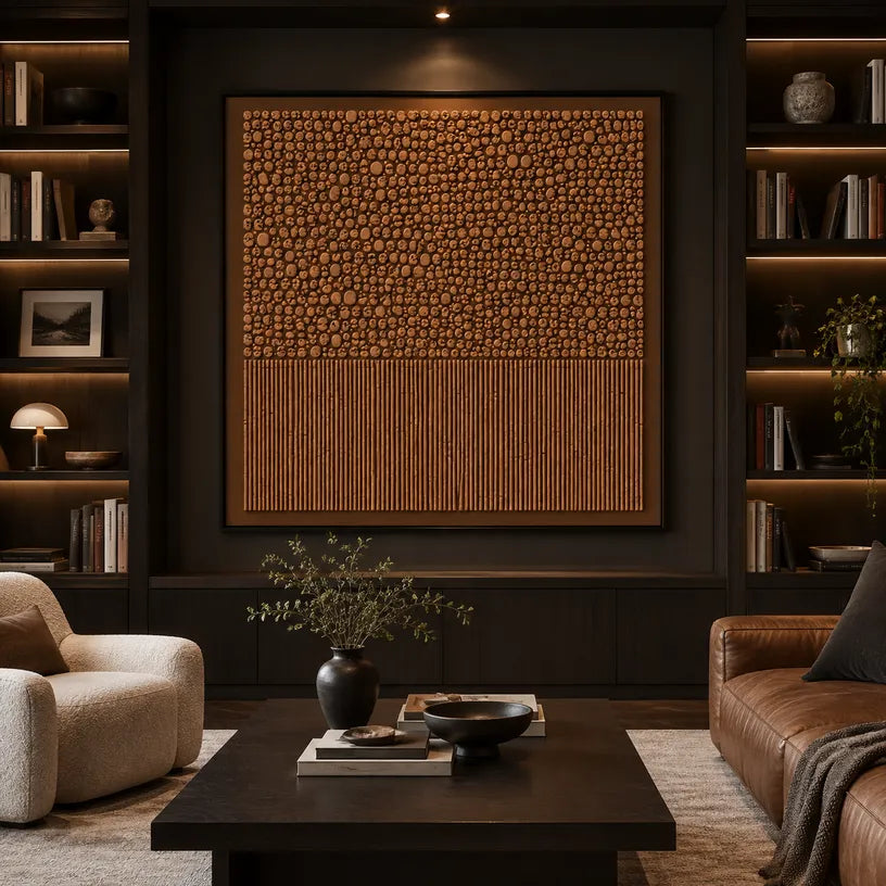 Wabi-Sabi abstract oil painting showing layered abstract marks, texture and expressive painterly movement in a brown palette.