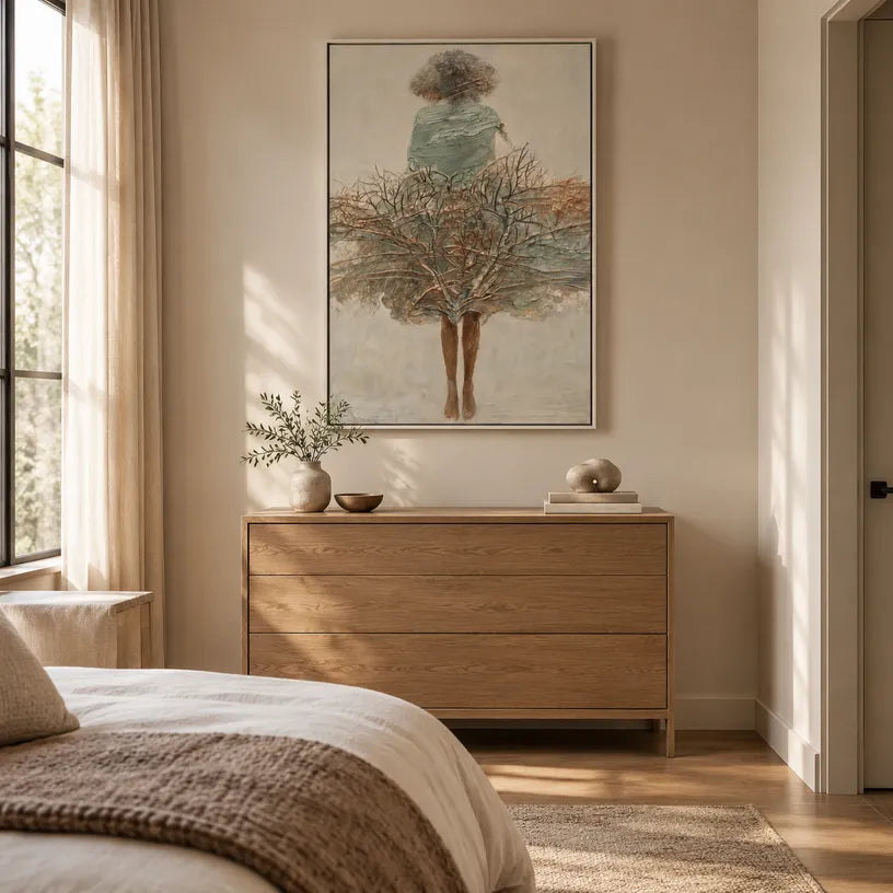Wabi-Sabi abstract oil painting showing layered abstract marks, texture and expressive painterly movement in a brown palette.