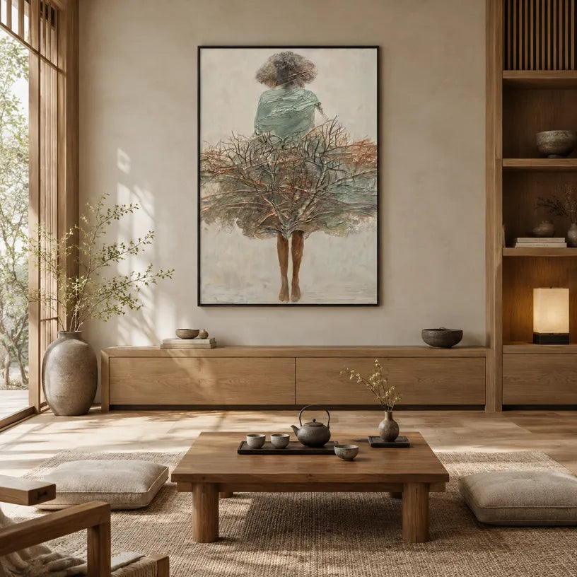 Wabi-Sabi abstract oil painting showing layered abstract marks, texture and expressive painterly movement in a brown palette.