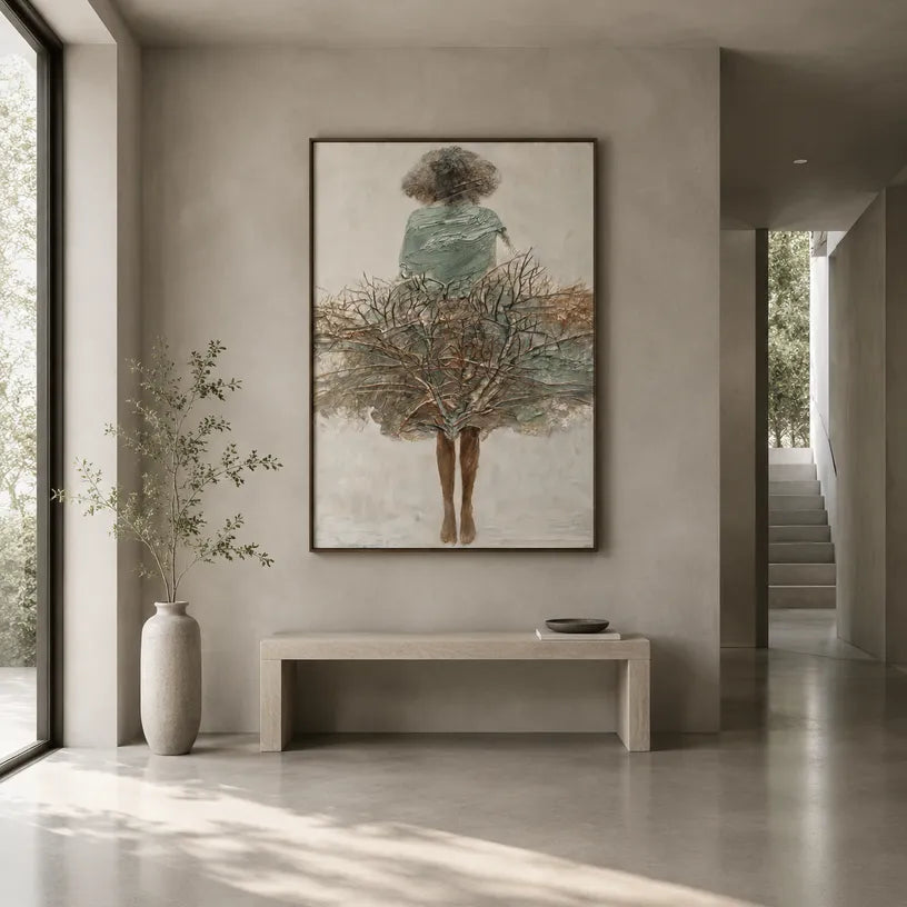 Wabi-Sabi abstract oil painting showing layered abstract marks, texture and expressive painterly movement in a brown palette.
