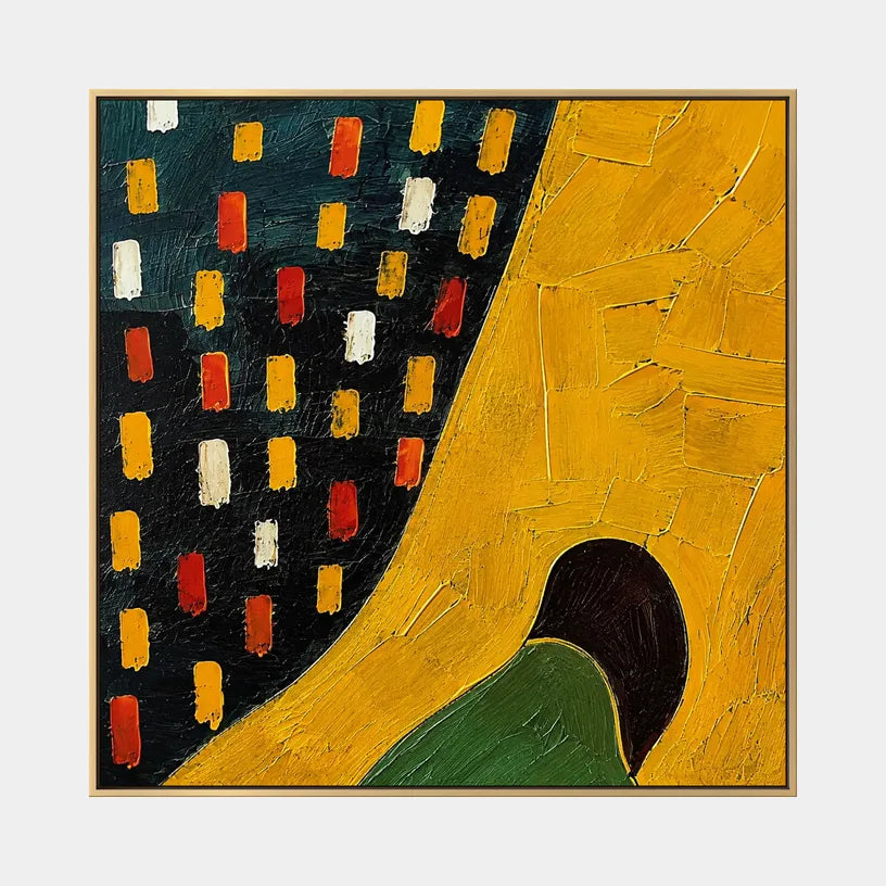 Wabi-Sabi abstract oil painting showing layered abstract marks, texture and expressive painterly movement in a yellow palette.