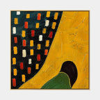 Wabi-Sabi abstract oil painting showing layered abstract marks, texture and expressive painterly movement in a yellow palette.