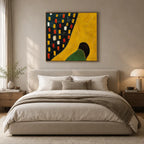 Wabi-Sabi abstract oil painting showing layered abstract marks, texture and expressive painterly movement in a yellow palette.