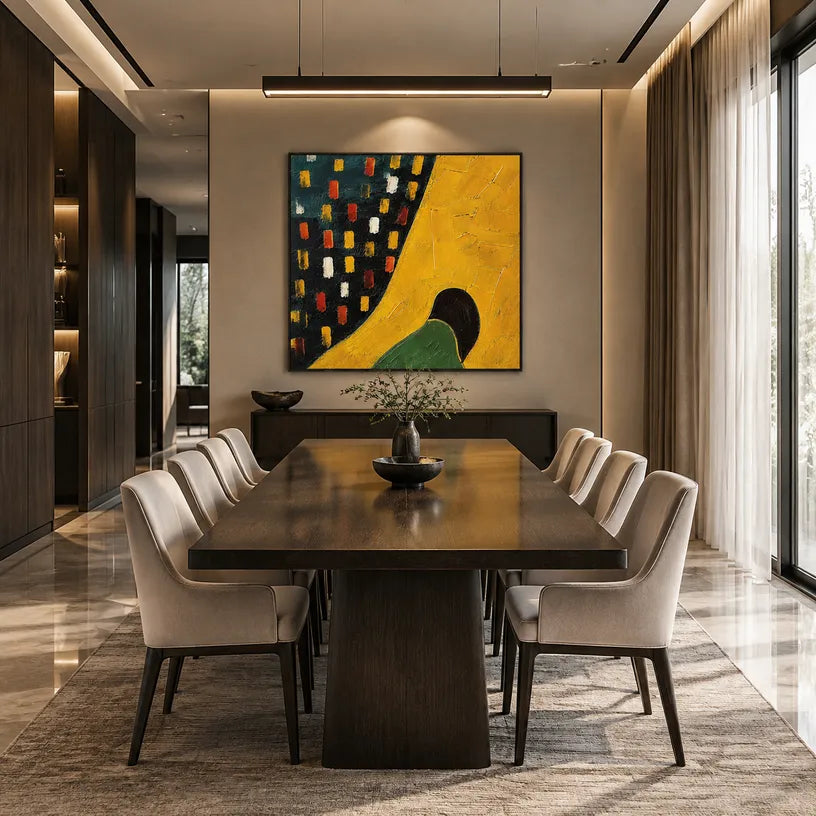 Wabi-Sabi abstract oil painting showing layered abstract marks, texture and expressive painterly movement in a yellow palette.
