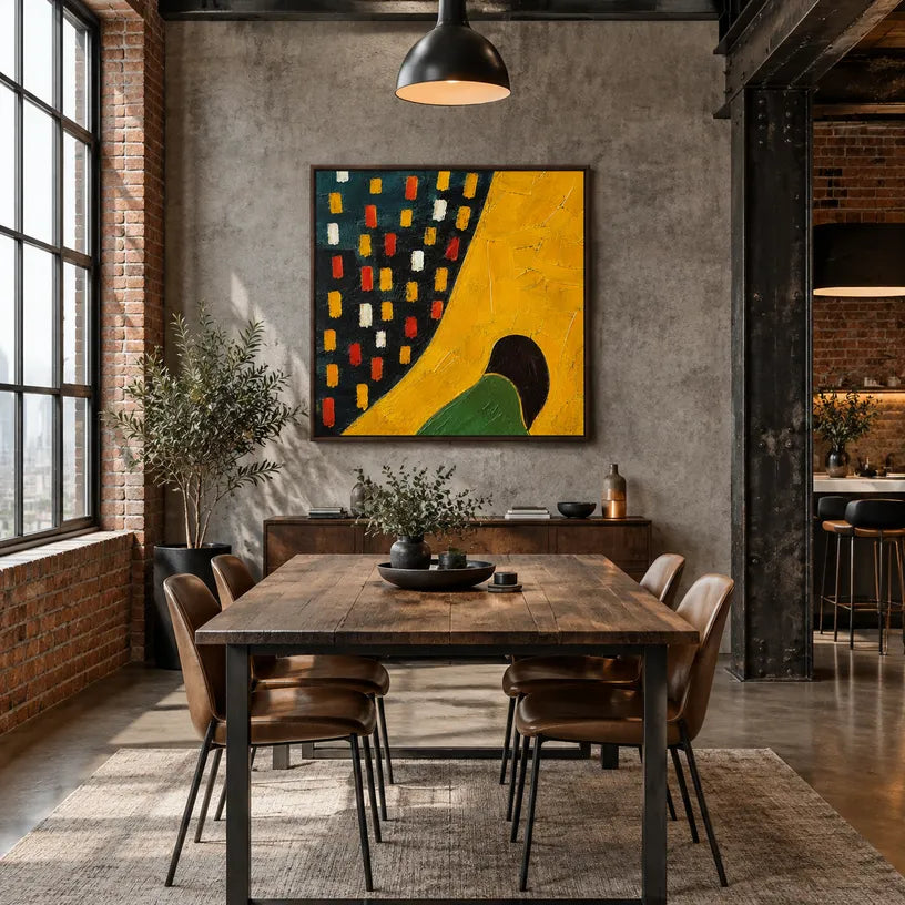 Wabi-Sabi abstract oil painting showing layered abstract marks, texture and expressive painterly movement in a yellow palette.