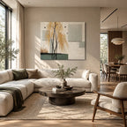 Wabi-Sabi abstract oil painting showing layered abstract marks, texture and expressive painterly movement in a beige palette.