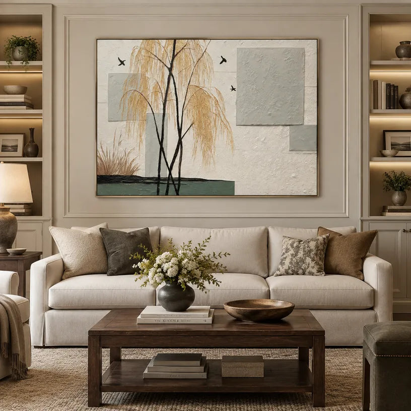 Wabi-Sabi abstract oil painting showing layered abstract marks, texture and expressive painterly movement in a beige palette.