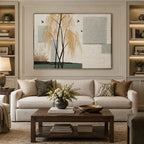 Wabi-Sabi abstract oil painting showing layered abstract marks, texture and expressive painterly movement in a beige palette.