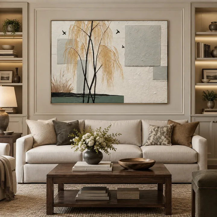 Pittura a olio floreale/botanica e naturale Wabi-Sabi con forme botaniche, fiori o elementi naturali in una composizione pittorica in una tavolozza beige.