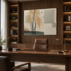 Wabi-Sabi abstract oil painting showing layered abstract marks, texture and expressive painterly movement in a beige palette.
