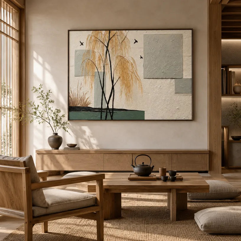 Wabi-Sabi abstract oil painting showing layered abstract marks, texture and expressive painterly movement in a beige palette.
