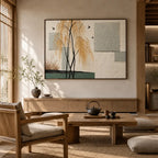 Wabi-Sabi abstract oil painting showing layered abstract marks, texture and expressive painterly movement in a beige palette.