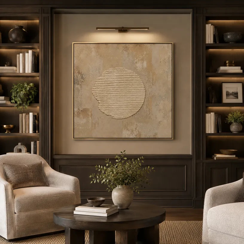Wabi-Sabi abstract oil painting showing layered abstract marks, texture and expressive painterly movement in a brown palette.