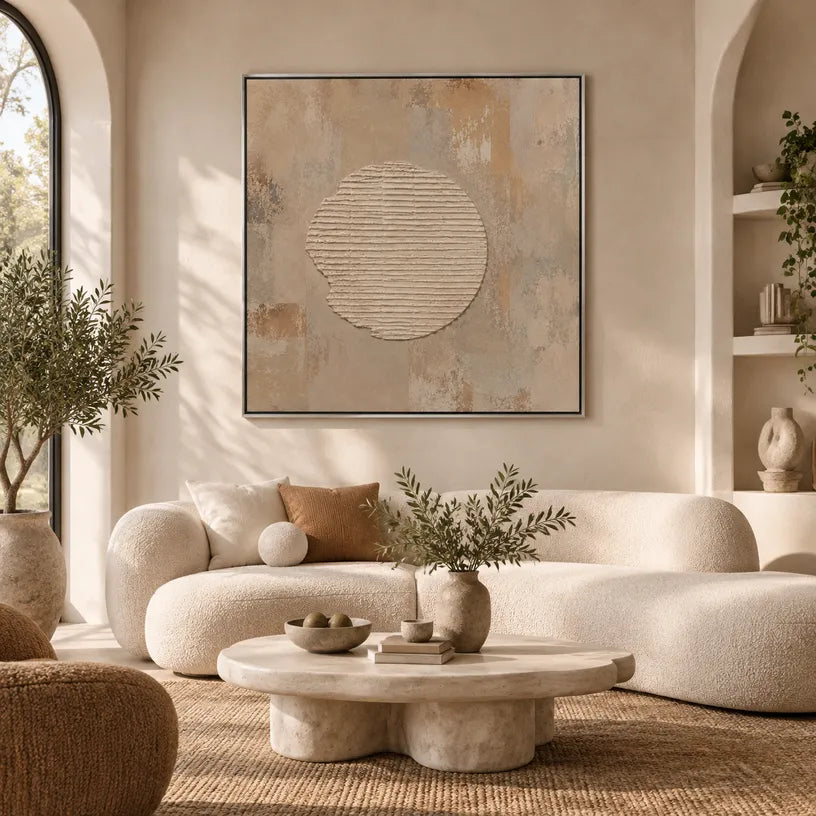 Wabi-Sabi abstract oil painting showing layered abstract marks, texture and expressive painterly movement in a brown palette.