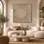 Wabi-Sabi abstract oil painting showing layered abstract marks, texture and expressive painterly movement in a brown palette.