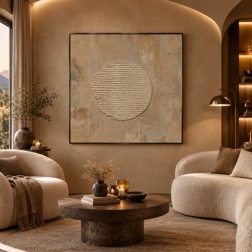 Wabi-Sabi abstract oil painting showing layered abstract marks, texture and expressive painterly movement in a brown palette.