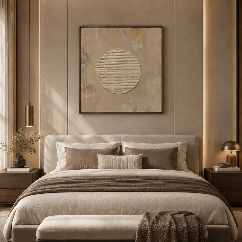 Wabi-Sabi abstract oil painting showing layered abstract marks, texture and expressive painterly movement in a brown palette.