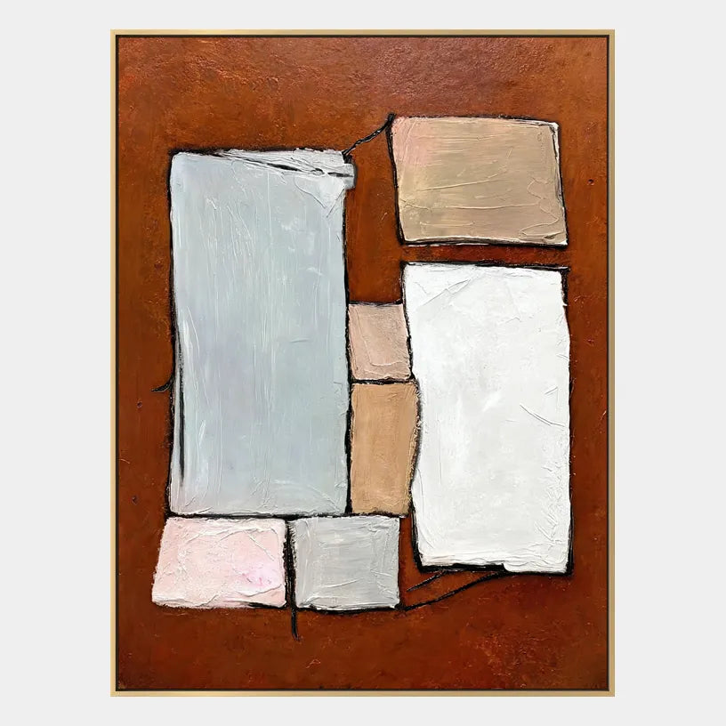 Wabi-Sabi abstract oil painting showing layered abstract marks, texture and expressive painterly movement in a brown palette.