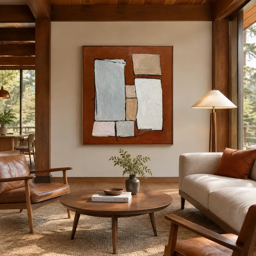 Wabi-Sabi abstract oil painting showing layered abstract marks, texture and expressive painterly movement in a brown palette.