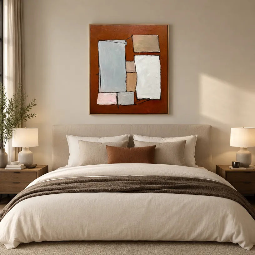Wabi-Sabi abstract oil painting showing layered abstract marks, texture and expressive painterly movement in a brown palette.