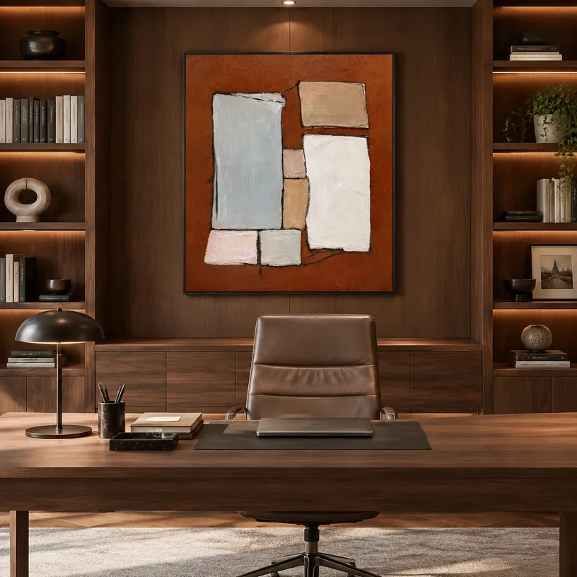 Wabi-Sabi abstract oil painting showing layered abstract marks, texture and expressive painterly movement in a brown palette.