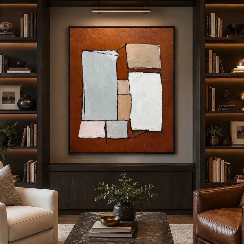 Wabi-Sabi abstract oil painting showing layered abstract marks, texture and expressive painterly movement in a brown palette.