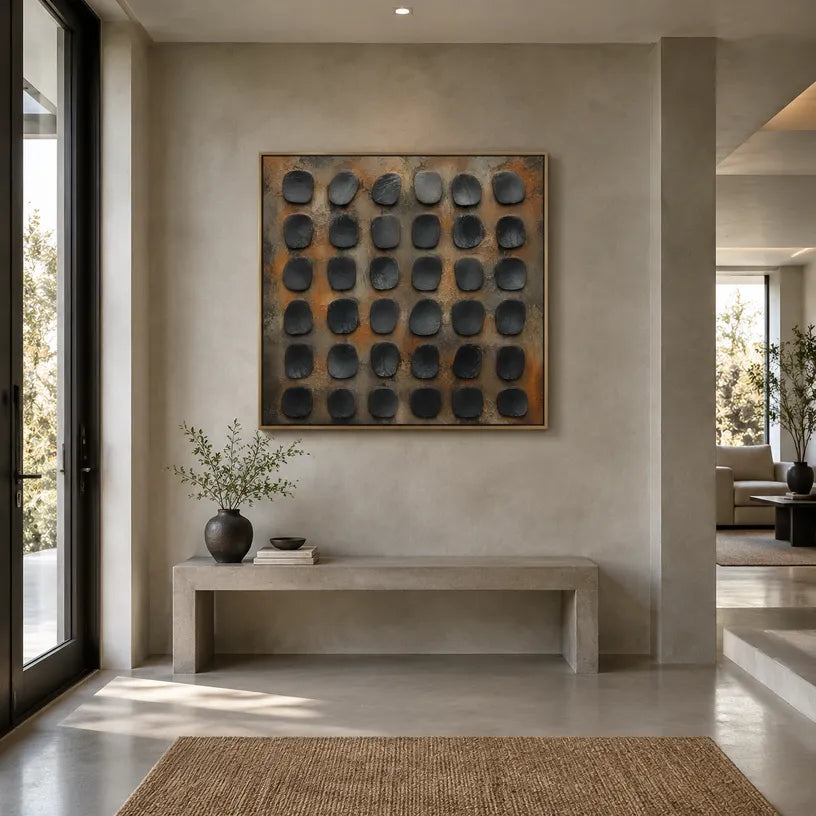 Wabi-Sabi abstract oil painting showing layered abstract marks, texture and expressive painterly movement in a brown palette.