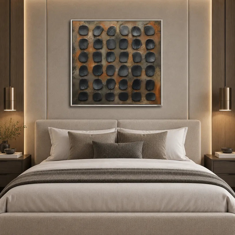 Wabi-Sabi abstract oil painting showing layered abstract marks, texture and expressive painterly movement in a brown palette.