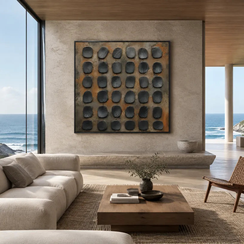 Wabi-Sabi abstract oil painting showing layered abstract marks, texture and expressive painterly movement in a brown palette.