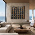 Wabi-Sabi abstract oil painting showing layered abstract marks, texture and expressive painterly movement in a brown palette.