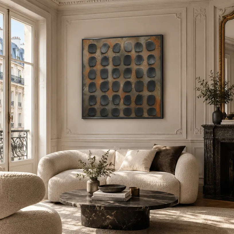Wabi-Sabi abstract oil painting showing layered abstract marks, texture and expressive painterly movement in a brown palette.