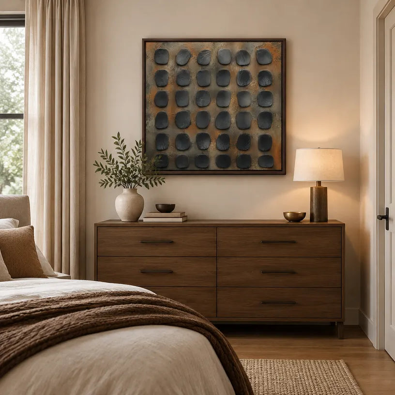 Wabi-Sabi abstract oil painting showing layered abstract marks, texture and expressive painterly movement in a brown palette.