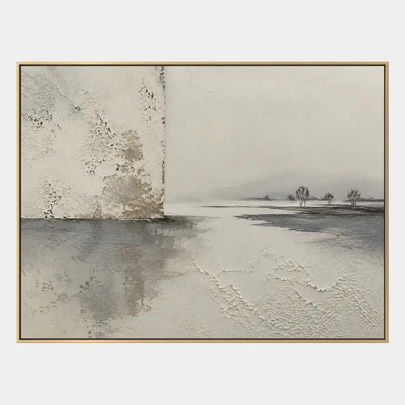 Wabi-Sabi abstract oil painting showing layered abstract marks, texture and expressive painterly movement in a grey palette.