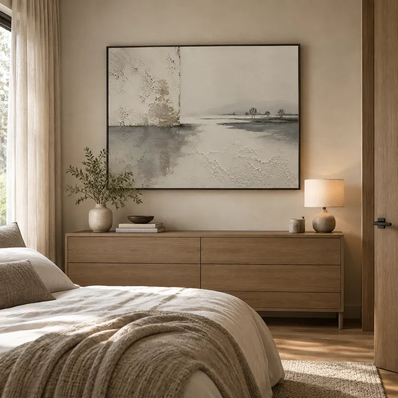 Wabi-Sabi abstract oil painting showing layered abstract marks, texture and expressive painterly movement in a grey palette.