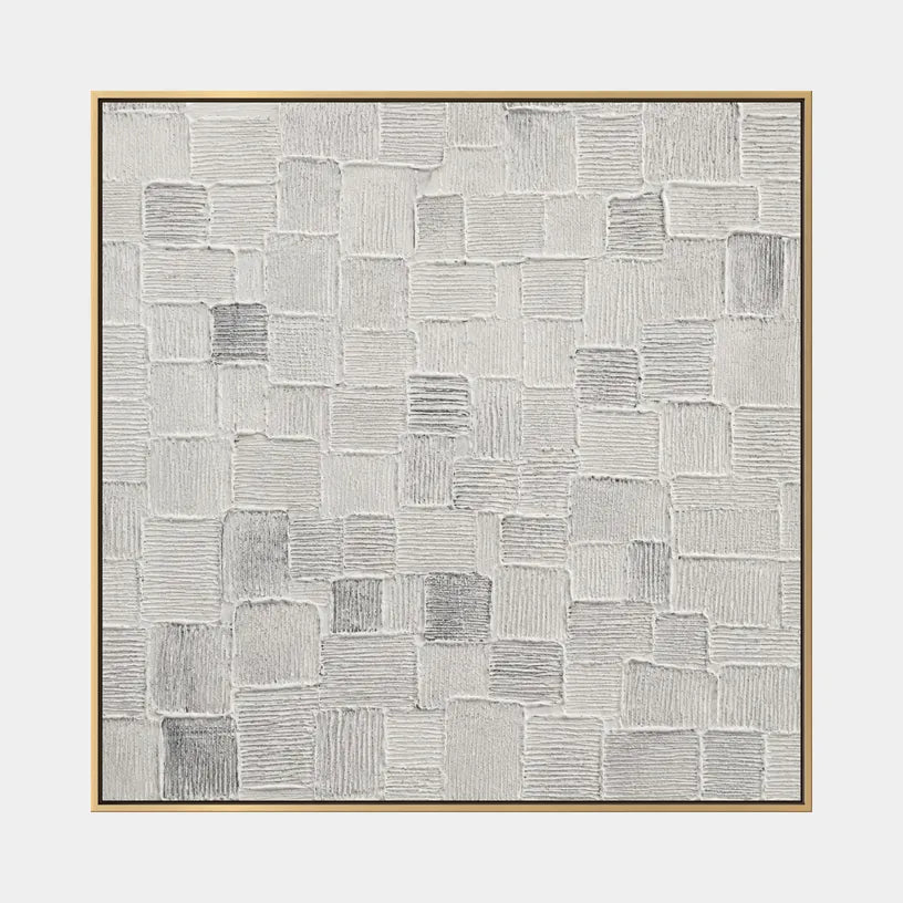 Wabi-Sabi abstract oil painting showing layered abstract marks, texture and expressive painterly movement in a grey palette.