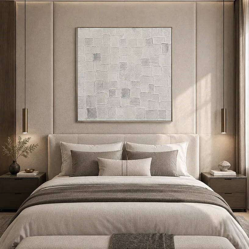 Wabi-Sabi abstract oil painting showing layered abstract marks, texture and expressive painterly movement in a grey palette.
