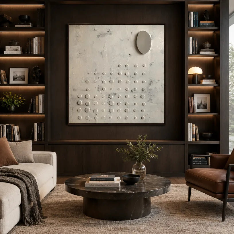 Wabi-Sabi abstract oil painting showing layered abstract marks, texture and expressive painterly movement in a grey palette.