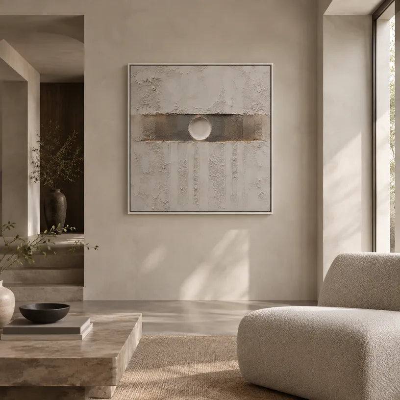 Wabi-Sabi abstract oil painting showing layered abstract marks, texture and expressive painterly movement in a grey palette.