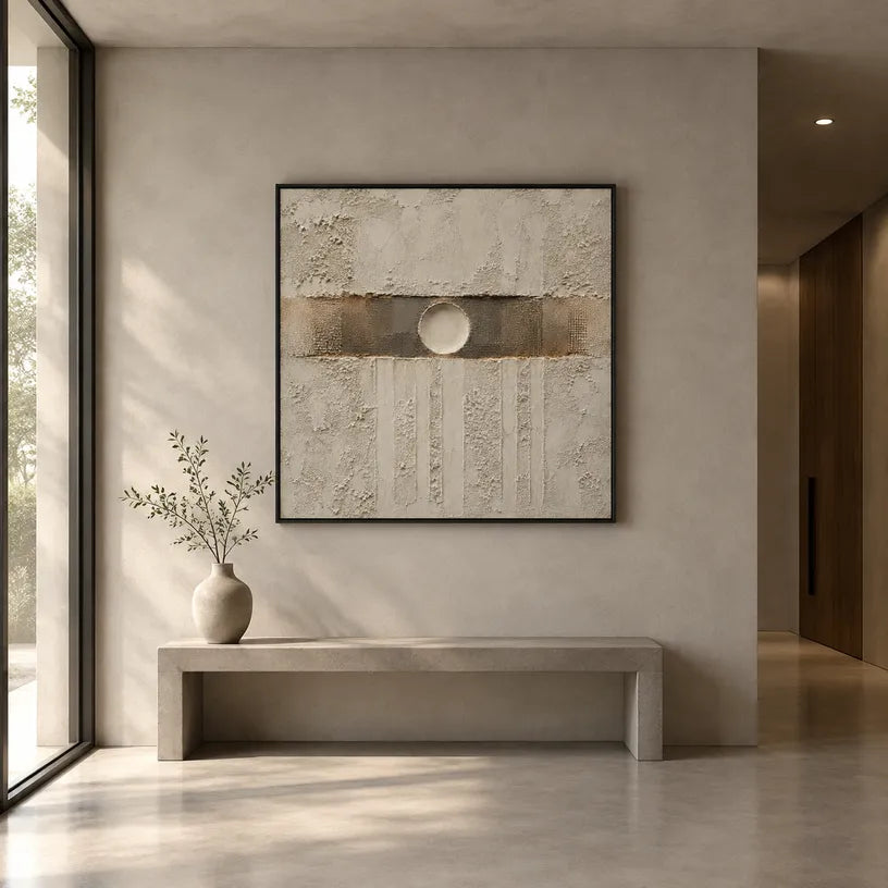 Wabi-Sabi abstract oil painting showing layered abstract marks, texture and expressive painterly movement in a grey palette.