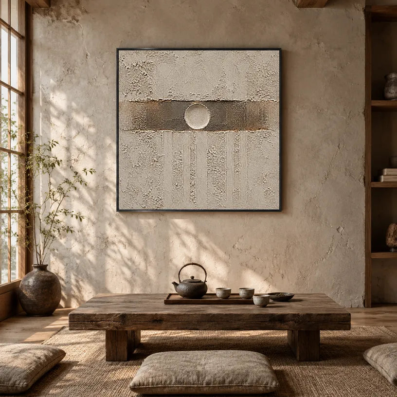 Wabi-Sabi abstract oil painting showing layered abstract marks, texture and expressive painterly movement in a grey palette.
