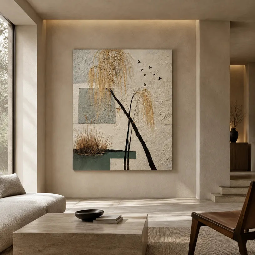 Wabi-Sabi abstract oil painting showing layered abstract marks, texture and expressive painterly movement in a beige palette.