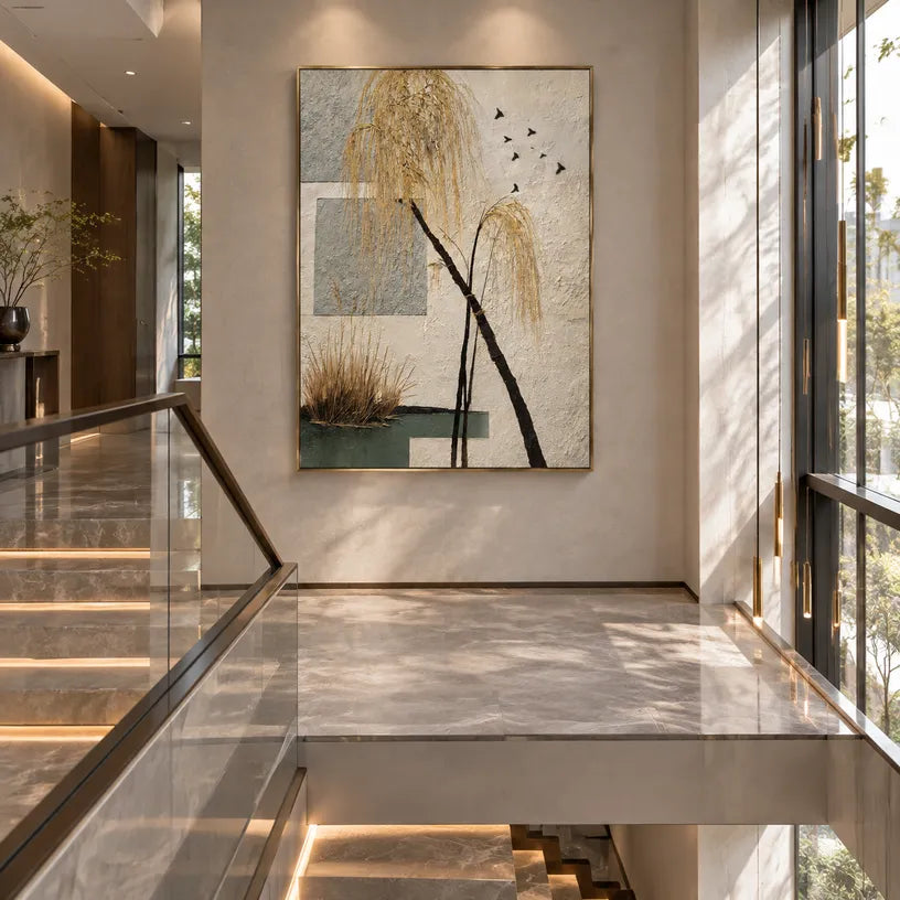 Wabi-Sabi abstract oil painting showing layered abstract marks, texture and expressive painterly movement in a beige palette.