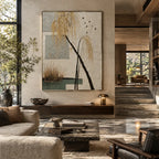Wabi-Sabi abstract oil painting showing layered abstract marks, texture and expressive painterly movement in a beige palette.