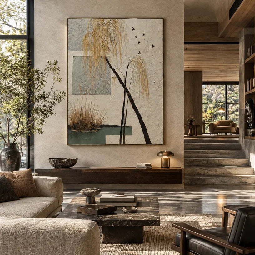 Wabi-Sabi abstract oil painting showing layered abstract marks, texture and expressive painterly movement in a beige palette.