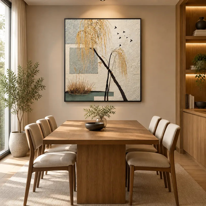 Wabi-Sabi abstract oil painting showing layered abstract marks, texture and expressive painterly movement in a beige palette.