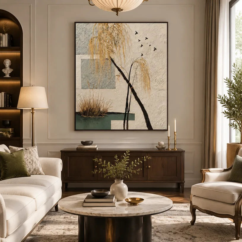 Wabi-Sabi abstract oil painting showing layered abstract marks, texture and expressive painterly movement in a beige palette.
