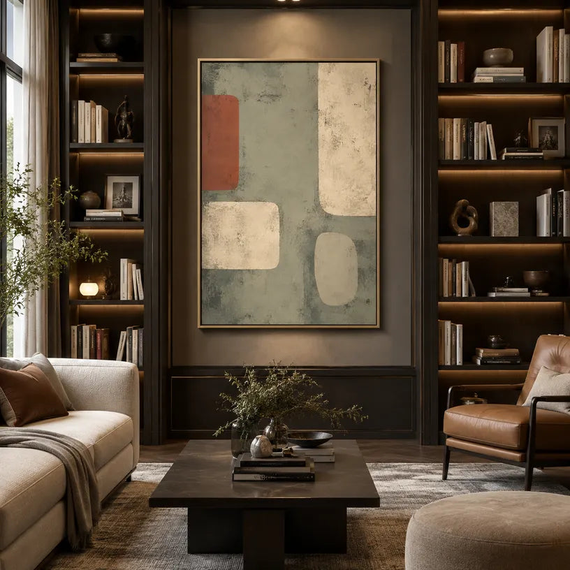 Wabi-Sabi abstract oil painting showing layered abstract marks, texture and expressive painterly movement in a yellow palette.