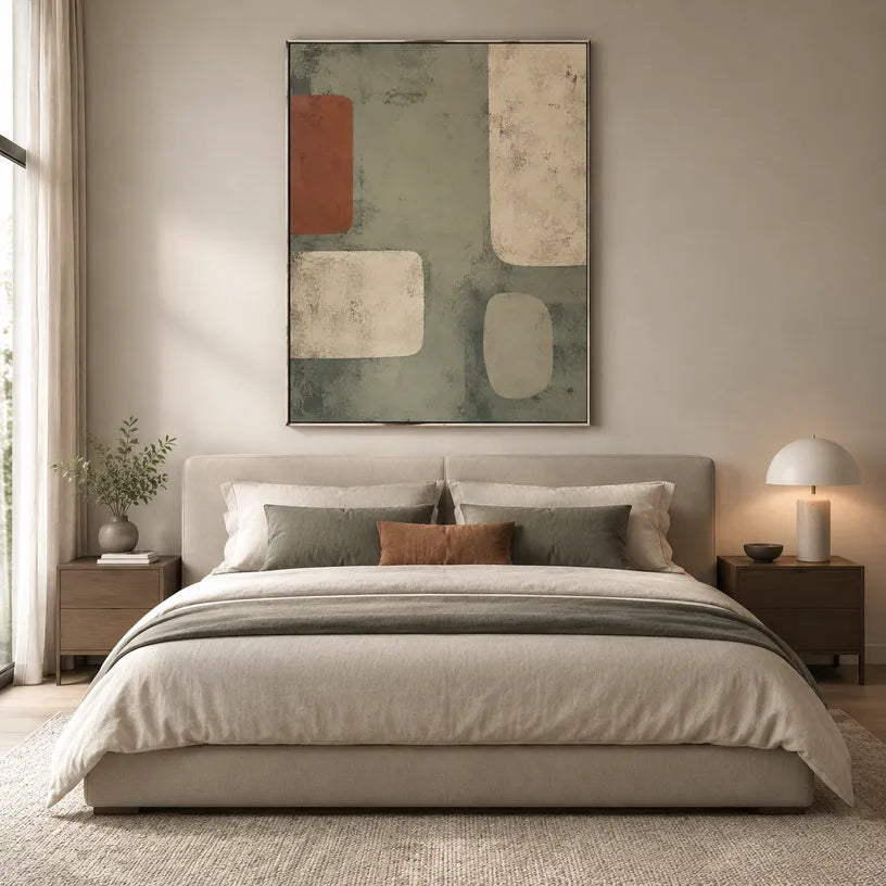 Wabi-Sabi abstract oil painting showing layered abstract marks, texture and expressive painterly movement in a yellow palette.