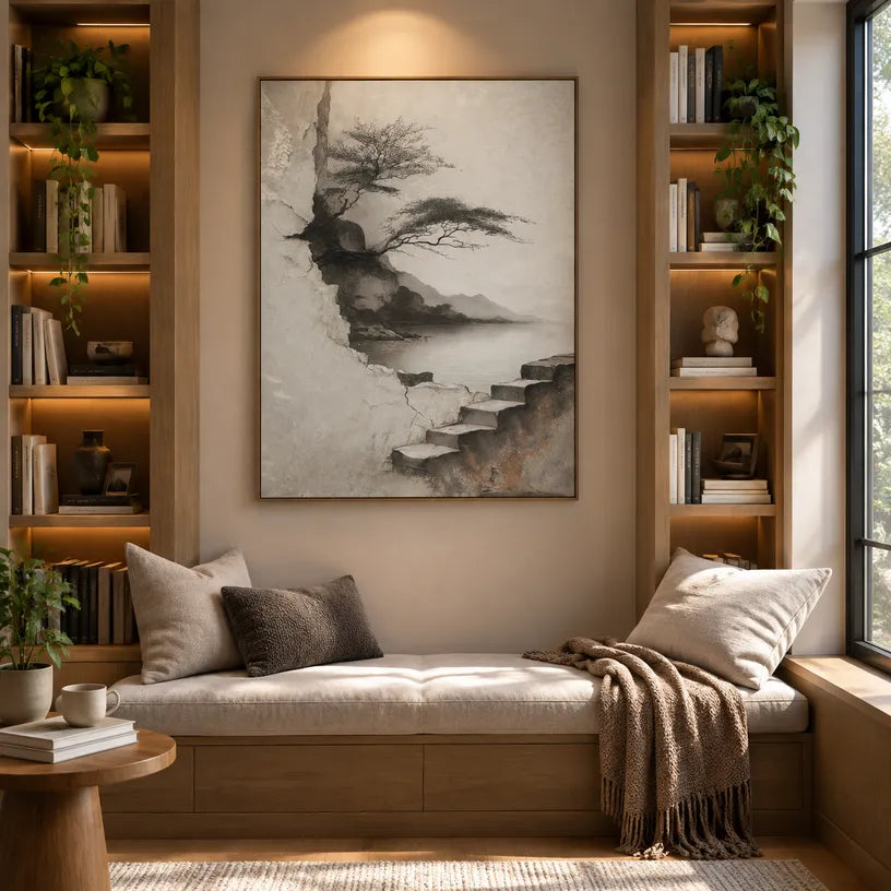 Wabi-Sabi abstract oil painting showing layered abstract marks, texture and expressive painterly movement in a grey palette.