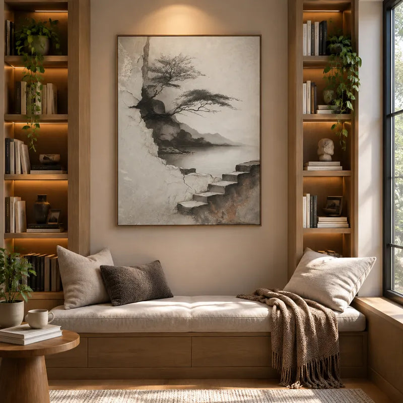 Dipinto a olio di paesaggi Wabi-Sabi, paesaggi marini e paesaggi urbani con un paesaggio atmosferico, un paesaggio marino o una composizione ispirata alla città.